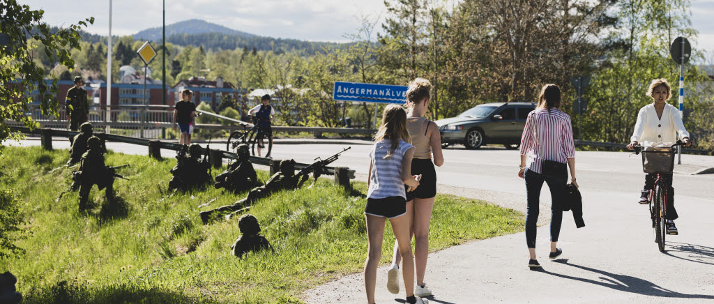 15. och 16. hemvärnsbataljonerna övar tillsammans i och krig Sollefteå under totalförsvarsövningen "Vildhussen". 

En grupp tar skydd bakom en vall och vägräcke i centrala Sollefteå