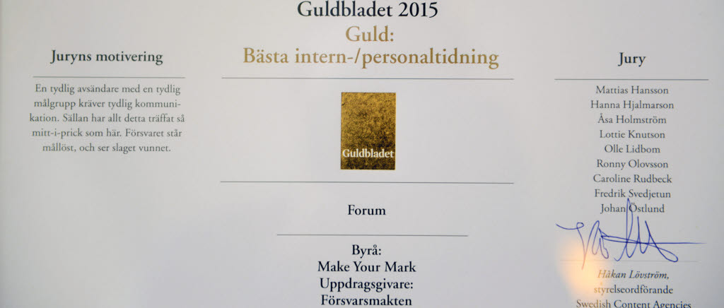 Guldbladet-diplom för Bästa intern-/Personaltidning, utdelat 28 maj av Swedish Content Agencies.