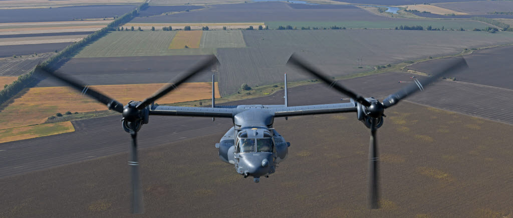 A U.S. Air Force CV-22 Osprey assigned to the 352d Special Operations Wing, Royal Air Force Mildenhall, England, flies near Vinnytsia, Ukraine, Sept. 23, 2020. The 352d SOW deployed to Ukraine to conduct bilateral training with Ukrainian Special Operations Forces, enhancing the U.S.-Ukraine relationship. (U.S. Air Force photo by Staff Sgt. Mackenzie Mendez)