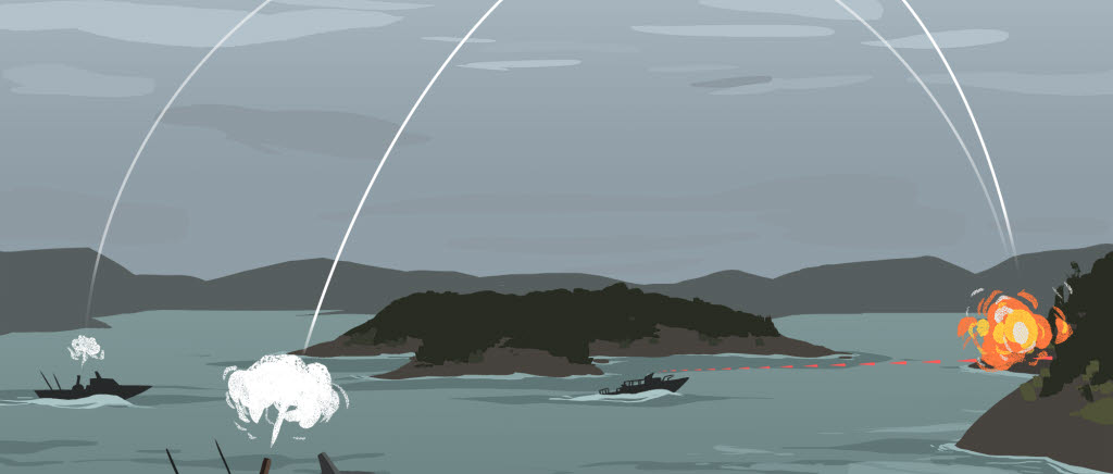 Illustration av båtar som skjuter med granatkastare.