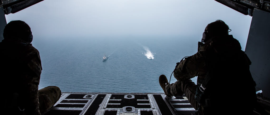 A U.S. Air Force MC-130J Commando II conducts surface ship rendezvous with a Swedish Visby-class corvette and the USS Ross as the ships exercise anti-surface and anti-submarine warfare, November 15, 2020.  The Swedish-led bilateral exercise occurred in the land, air, and maritime regions to test combined military options, rapid response capabilities, and readiness to support Swedish defense and the Baltic Sea Region. (U.S  Army photo by Sgt. Patrik Orcutt)