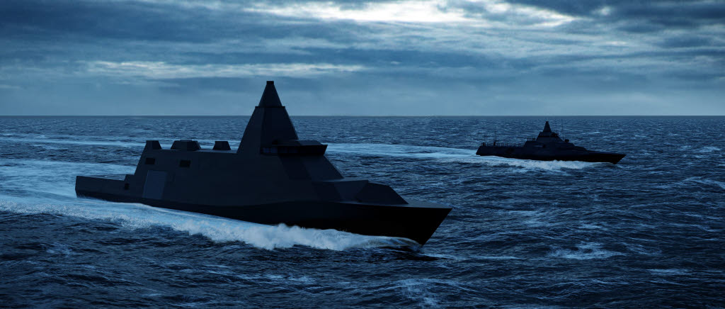 En skiss av marinens nya ytstridsfartyg till vänster, att jämföra med den mindre redan befintliga Visbykorvetten. 